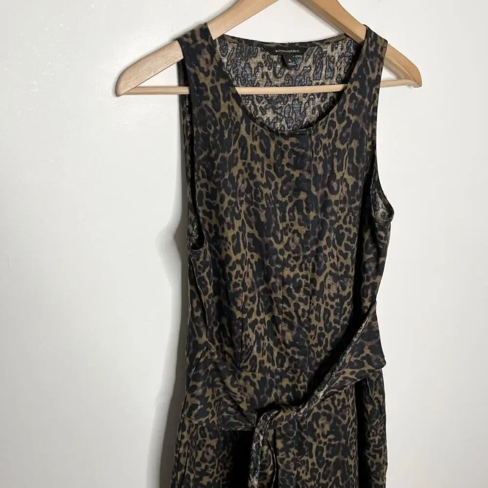 Banana Republic Womens Linen Blend Wide Leg Jumpsuit 6 Green Leopard Belted Tie